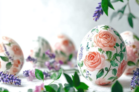 Floral decorated easter eggs with roses and lavender surrounded by green leaves.