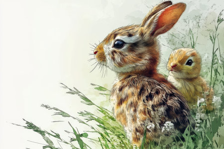 Adorable rabbit duo in lush green grass with delicate flowers.の写真素材