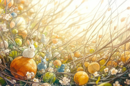 Enchanting spring scene with rabbits and birds in a sunlit meadow.の写真素材