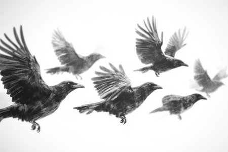 Flock of ravens in flight against a white sky.の写真素材