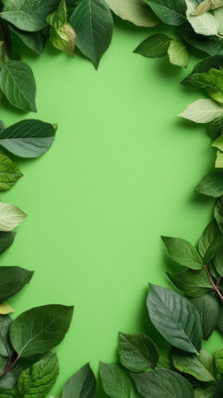 Fresh green leafy border on vibrant light green background.の写真素材