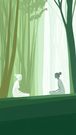 Calm female figures sitting in forest scene with silhouetted trees.の写真素材