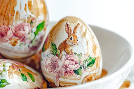 Decorative easter eggs with floral and rabbit design in ceramic bowl.の写真素材