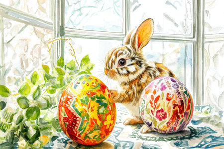 Cute baby rabbit with colorful easter eggs on a sunny day.の写真素材