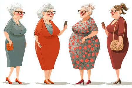 Elderly caucasian women with phones in stylish dresses and heels gathering.の写真素材
