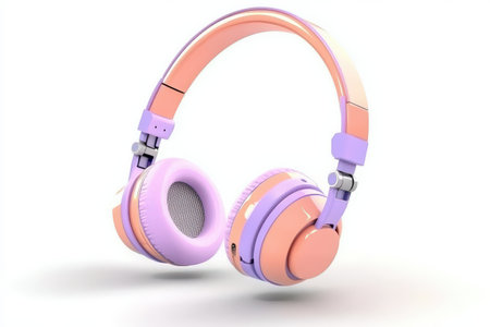 Colorful pastel headphones with pink and purple design on white background.の写真素材