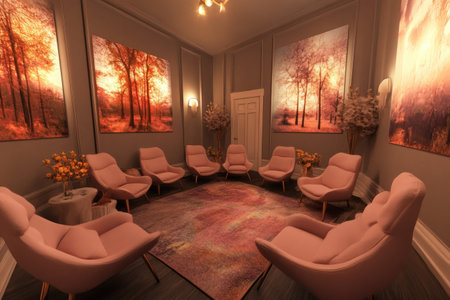 Cozy lounge with pink chairs and autumn forest decor in elegant room.の写真素材