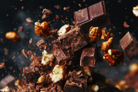 Dark chocolate and walnuts flying in mid-air with cocoa dust explosion.