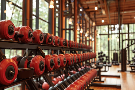 Modern gym interior with dumbbells and large windows overlooking nature.
