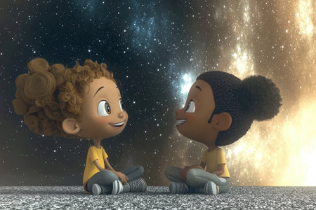 Two cartoon children sit on ground gazing at milky way galaxy background.の写真素材
