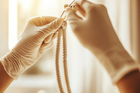 Hands crafting beaded jewelry with careful precision and skill.の写真素材