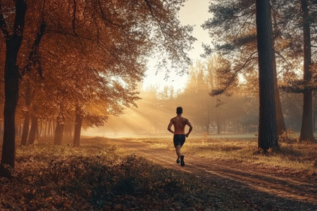 Young caucasian male running on sunlit forest trail in autumn.の写真素材