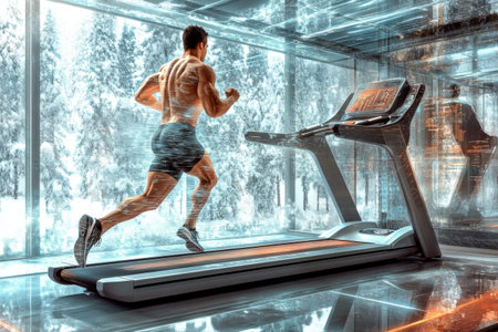Futuristic gym with male runner on treadmill in high-tech environment.