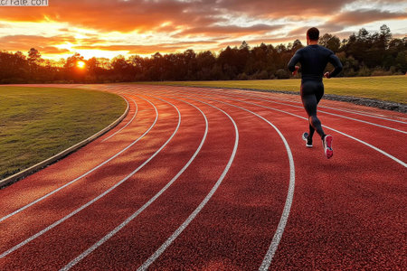 Young caucasian male running on track at sunset in athletic wear.