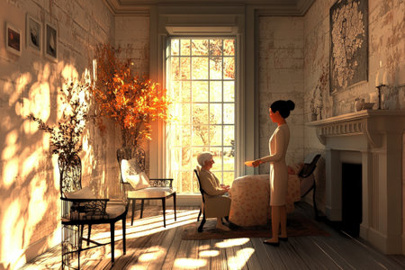 Quiet autumn afternoon: elderly caucasian woman and young Asian female in sunny vintage room.の写真素材