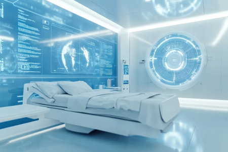 Futuristic hospital room with advanced technology and digital interface.の写真素材