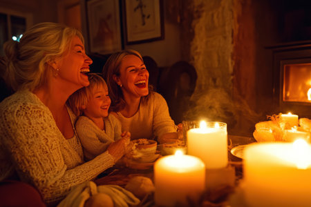 Cozy family gathering with candles: smiling caucasian females and child enjoy warmth.の写真素材