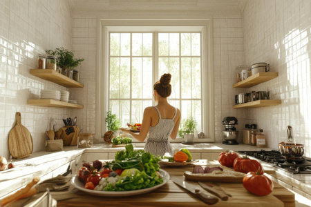 Asian young adult female preparing salad in bright modern kitchen.の写真素材