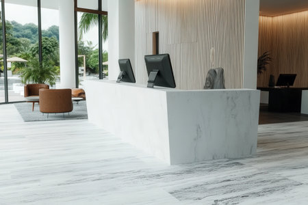 Modern hotel lobby with marble reception desk and stunning outdoor view.の写真素材