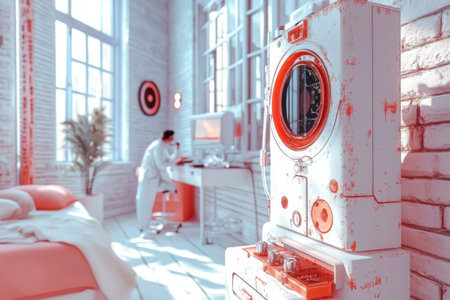 Vintage medical equipment in retro-style room with adult scientist.