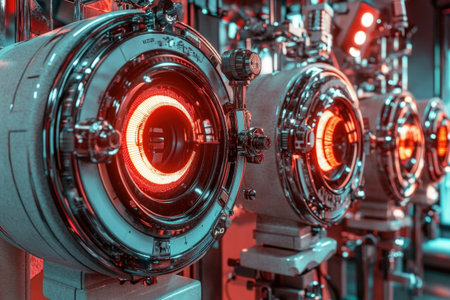 Futuristic industrial machinery with illuminated red rings in a factory setting.の写真素材