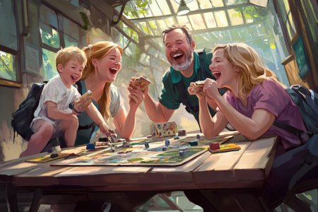Joyful caucasian family playing board game outdoors in sunlit greenhouse.の写真素材