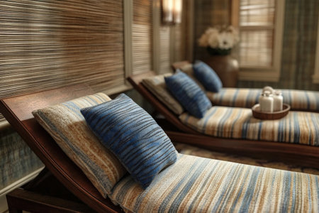 Cozy spa lounge with striped lounge chairs and blue cushions for relaxation.の写真素材
