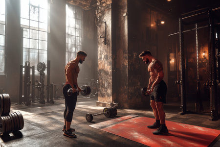 Two young males exercising with dumbbells in vintage gym setting.