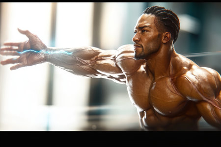 Athletic African male adult with muscular build in dynamic pose.の写真素材