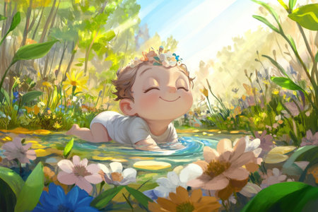 Joyful baby enjoying sunlit meadow with colorful flowers.の写真素材