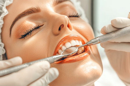 Female caucasian adult receiving dental checkup with mirror and drill tool.の写真素材