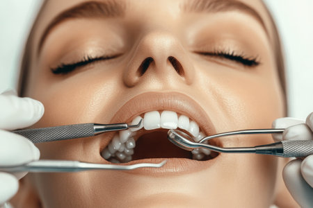 Caucasian female undergoing dental checkup with professional tools.の写真素材