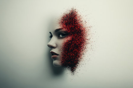 Artistic portrait of a young female with creative face dissolving effect.の写真素材