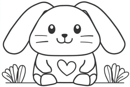 Cute cartoon bunny with heart and long ears coloring page for kids.の写真素材