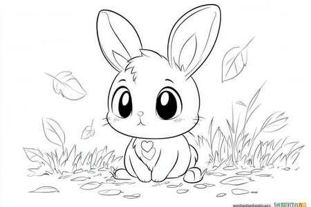 Cute cartoon rabbit with heart shape markings in grass outline drawing.の写真素材