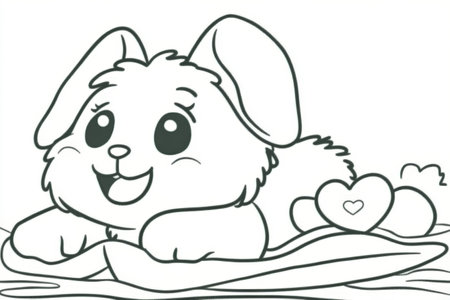 Cute cartoon puppy with hearts on blanket.の写真素材
