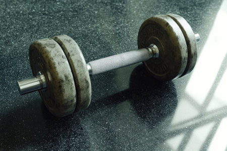Old dumbbell on reflective surface in gym environment.の写真素材