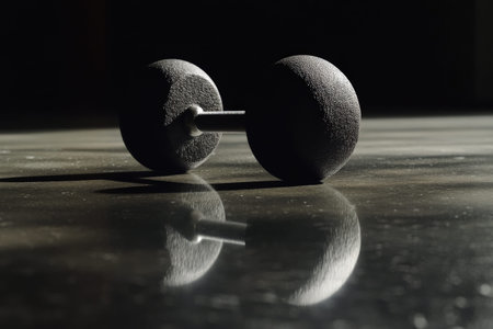 Close-up of dumbbell with reflective surface in dark gym setting.の写真素材