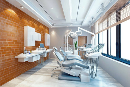 Modern dental office interior with dental chairs and equipment.の写真素材