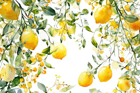 Vibrant watercolor lemons and greenery with blossoms on white background.の写真素材