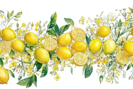 Vibrant lemons and floral arrangement in watercolor art.の写真素材