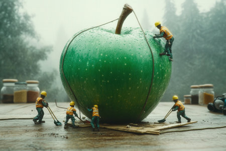 Miniature workers handling giant green apple.の写真素材