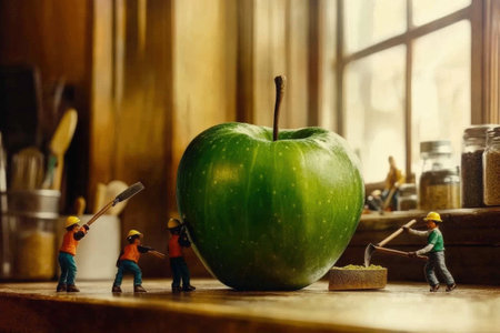 Miniature workers constructing a green apple sculpture in cozy kitchen setting.の写真素材