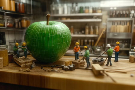 Miniature workers constructing giant green apple in kitchen workshop.の写真素材