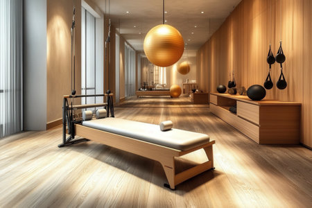 Elegant modern pilates studio with reformers and wooden interior design.の写真素材