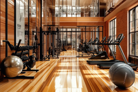 Spacious modern gym with cardio and strength equipment in sunlit room.の写真素材