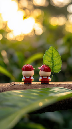 Two toy figures with red caps and green leaf in sunlit forest setting.の写真素材