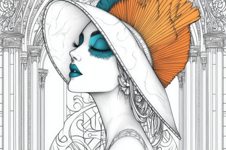 Stylish caucasian female in artistic hat with bold makeup in monochrome setting.の写真素材