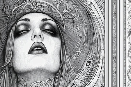 Intricate art nouveau female portrait with decorative elements in black and white.の写真素材