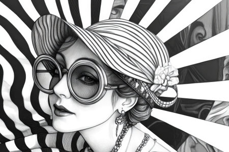 Vintage-style portrait of young caucasian female with striped hat and sunglasses.の写真素材